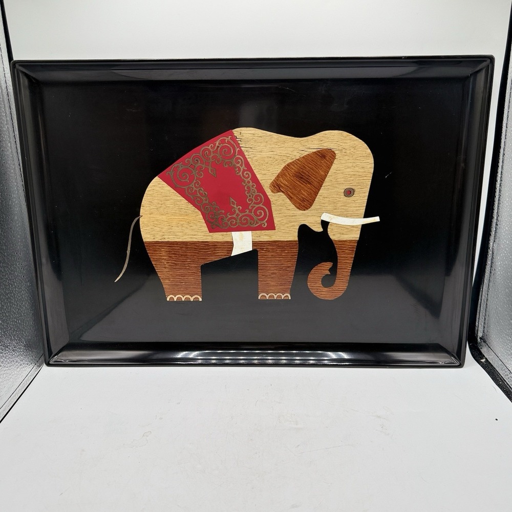 Vintage Couroc of Monterey Elephant Tray Mid Century Modern Wood Inlay 18x12.5